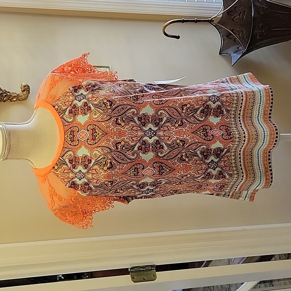 Bisou Bisou Michelle Bohbot paisley Bliss print top coral embroidery lace XL New